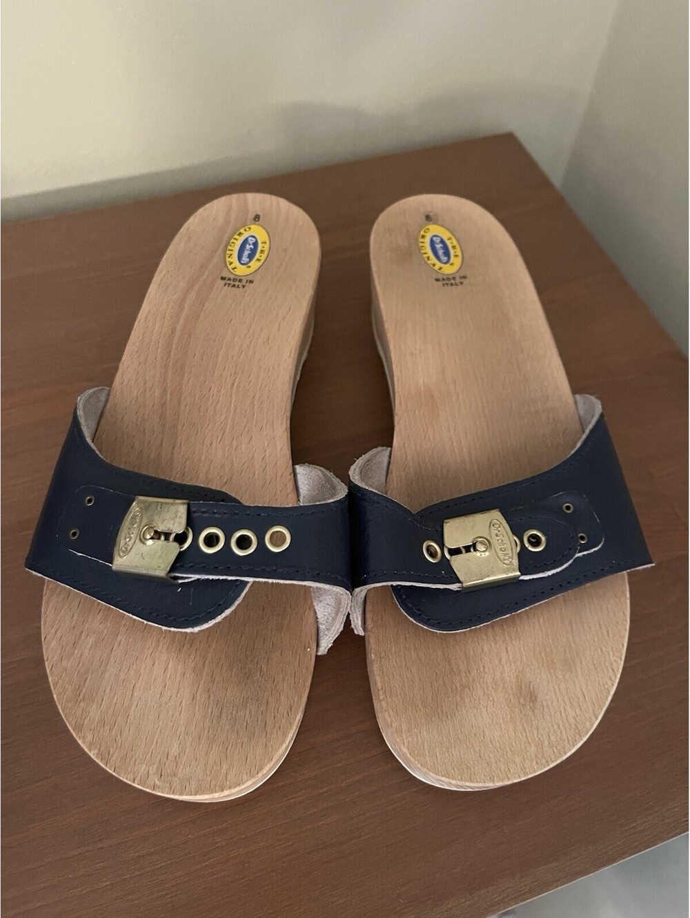 VINTAGE DR SCHOLLS ORIGINAL WOODEN EXERCISE SANDALS BLUE WOMENS SIZE 8 ITALY